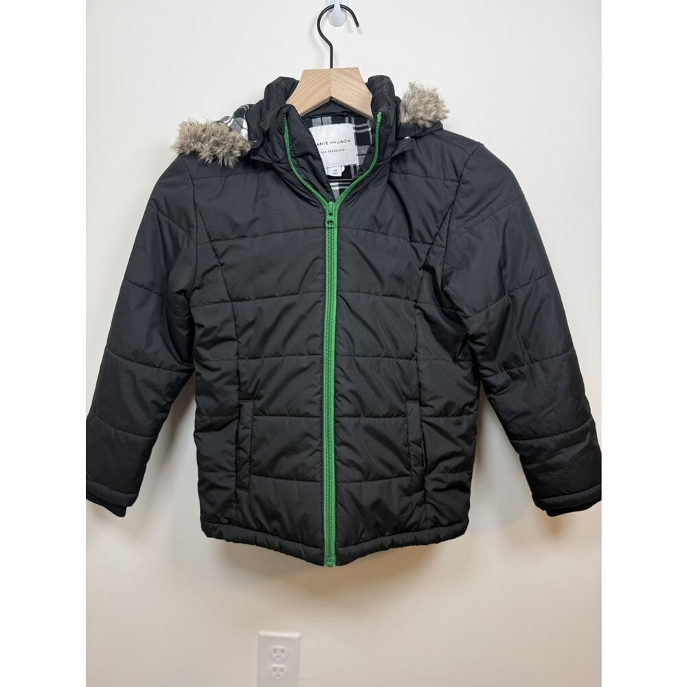 Janie And Jack Boys Black Puffer Parka Jacket Faux Fur Trim Removable Hood 7-8